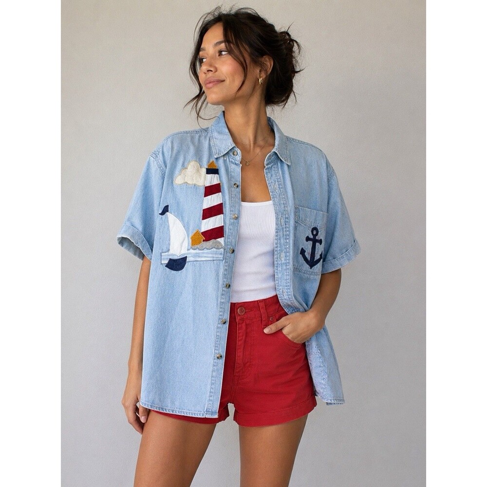 VTG 90’s Most Wanted Denim Shirt Nautical Lighthouse Sailboat Anchor Applique